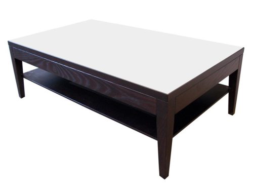 Rectangular beech table with white glass top.