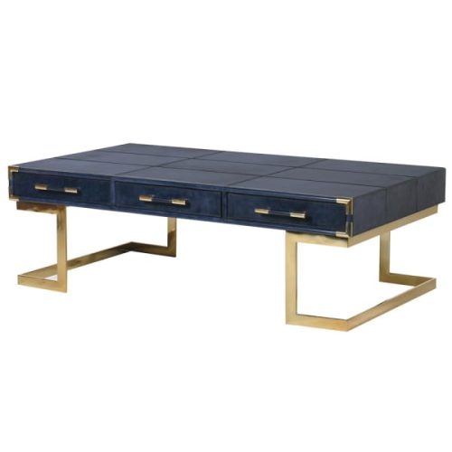 Coffee table with blue top and gold stainless steel base