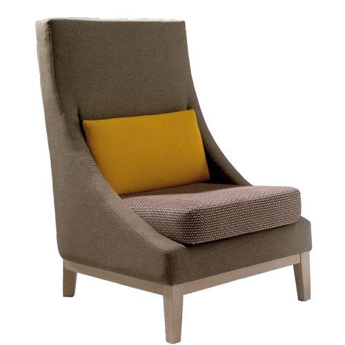 Brown lounge chair with orange cushion