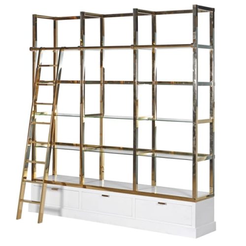 White and gold shelving unit with ladder
