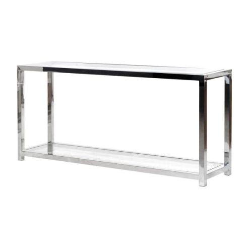 Hall table with glass top and mirrored steel legs