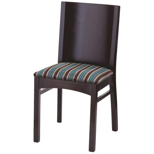 Wooden dining chair with a blue, brown and gold striped seat