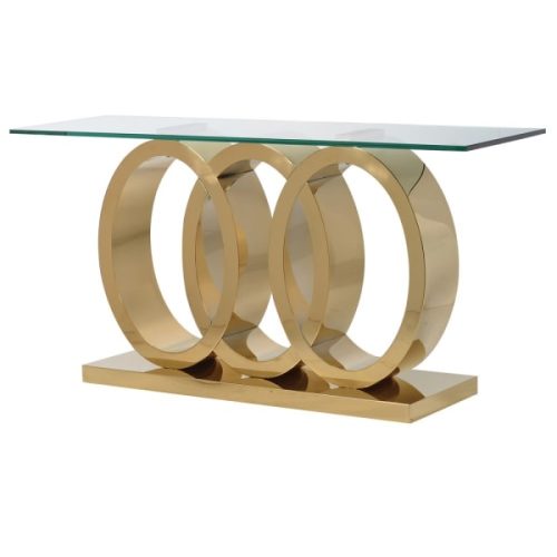 Console table with glass top and large gold rings on the base