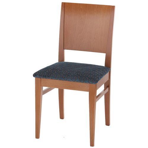 Dining chair with a blue and gold patterned seat