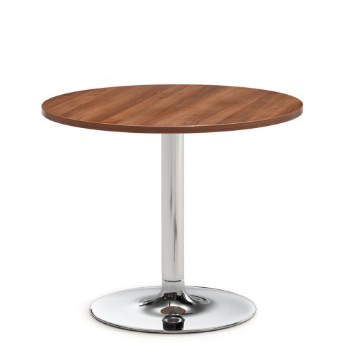 Round wooden table with chrome pedestal base