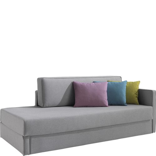 Grey corner sofabed with purple, blue and green cushions