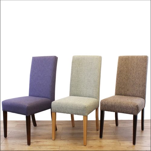 Three dining chairs in different colours