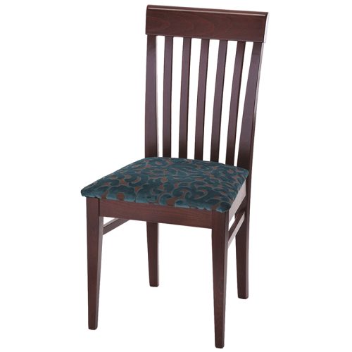 Dining chair with blue and brownh seat and wooden back