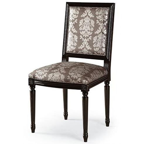 Squareback chair upholstered in a patterned silver and grey fabric
