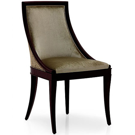 Wooden chair with curved arms upholstered in a grey fabric