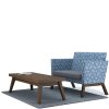 Rectangular coffee table with blue patterned sofa