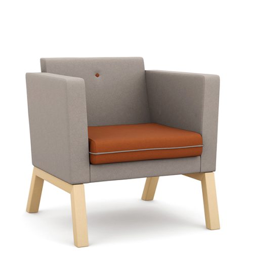 Grey and orange armchair with wooden legs