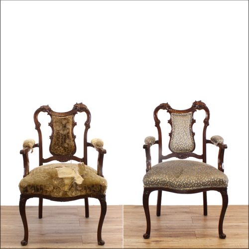Reupholstered ornate chair - before and after