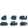 Blue sofa bed in 6 different positions