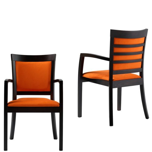 Two orange and black chairs
