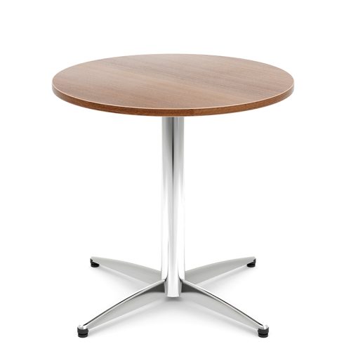 Round wooden table with chrome four-star base